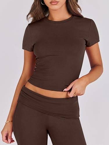 ANRABESS Lounge Sets for Women 2 Piece Foldover Yoga Flare Leggings Pants Crop Tops Casual Y2K Outfits Matching Tracksuit Set thumbnail 5