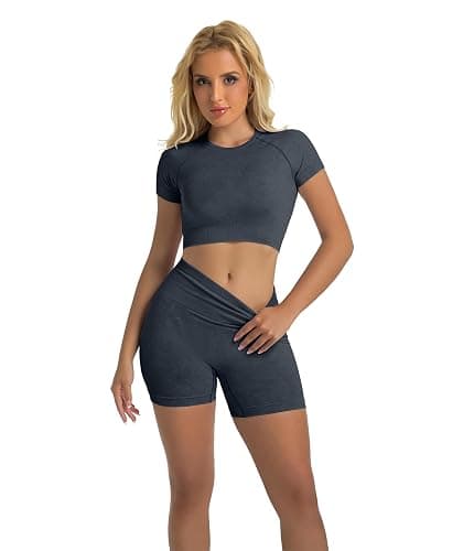 YOAKUKA Women's 4 Piece Workout Sets Seamless Acid Wash Tops Sports Bra High Waist Shorts Leggings Active Set thumbnail 6