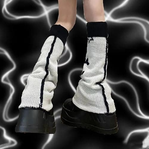 heyheyshine Y2k Star Skull Print Two Side Wear Knitted Leg Warmers Socks Punk Girls Japanese Kawaii Streetwear Leg Cover - Skull Star Flared - One Size thumbnail 5