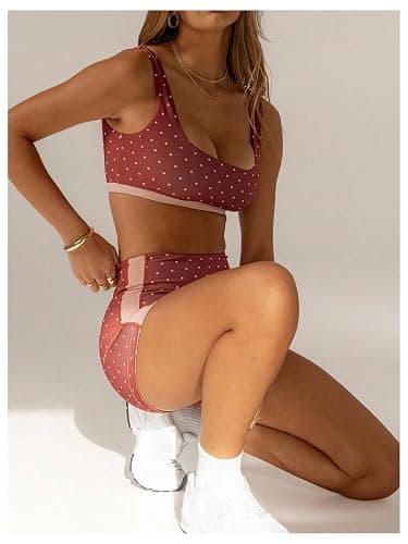 Milumia Women's 2 Piece Outfit Polka Dots Square Neck Bra Tank Top and High Waist Shorts Workout Set thumbnail 4