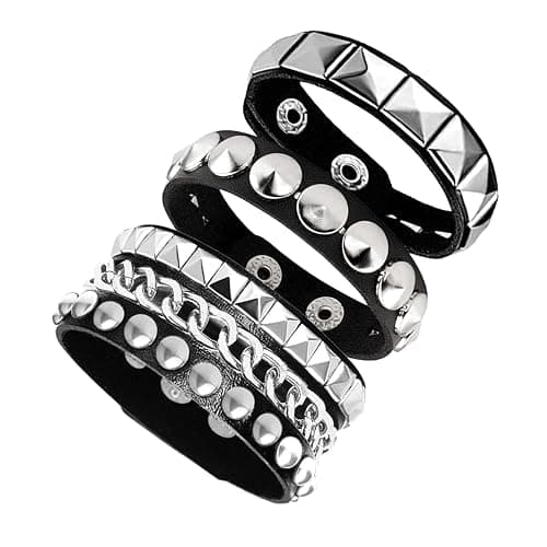 Tosmifairy 3 Pieces Punk Rock Leather Bracelets for Women Pop 80s 90s Emo Jewelry Accessories Retro Spiked Adjustable Wrap Wrist Cuffs - Image 1