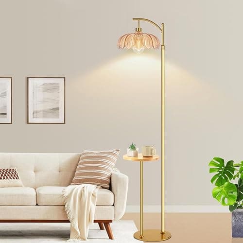 QIYIZM Gold Floor Lamp with Table and Shelves for Living Room Bedroom,Glass Standing Lamp with Remote Dimmable,Boho Brass Tall Lamp Vintage Farmhouse Arc Flower Floor Light Bohemian thumbnail 7