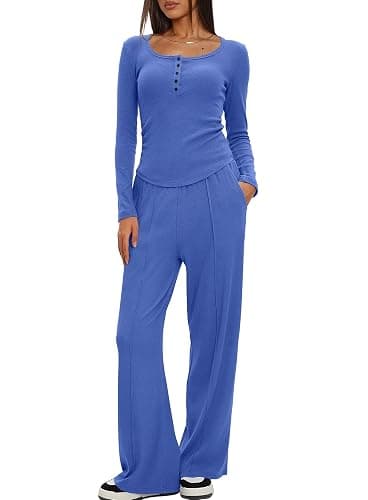 Darong Women's Fall Trendy 2 Piece Outfits Lounge Sets Long Sleeve Top Henley Shirts Wide Leg Pants Travel Clothes - Image 1