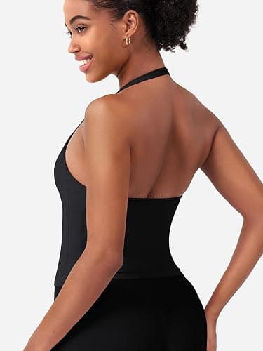 HIGORUN Halter Impact Tank Tops for Women Y2K Workout Longline Crop Tops with Built in Bras Open Back Going Out Gym Top thumbnail 5
