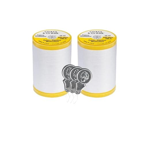 Coats & Clark Cotton All Purpose Sewing Thread 100% Mercerized Cotton 225 Yards Each Spool S970 2 Pack Bundle with 3 Bella's Crafts Needle Threaders (White) - Image 1