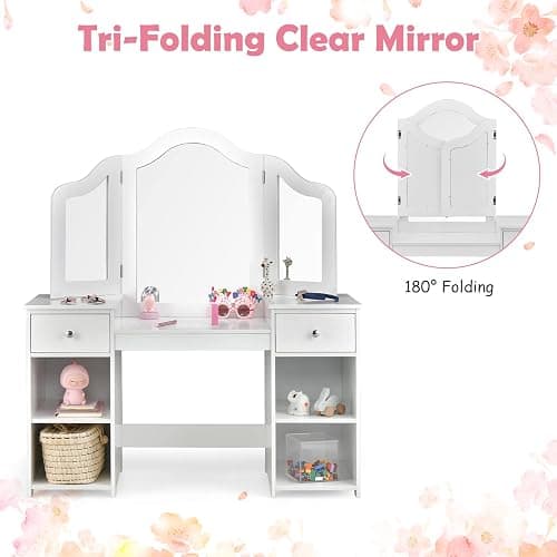 AKUSTIK Kids Vanity, 2 in 1 Wooden Princess Makeup Table and Chair for Toddlers with Tri-Folding Detachable Mirror, Storage Drawers for Little Girls, Pretend Beauty Dressing Desk Play Set Toy Gift thumbnail 5