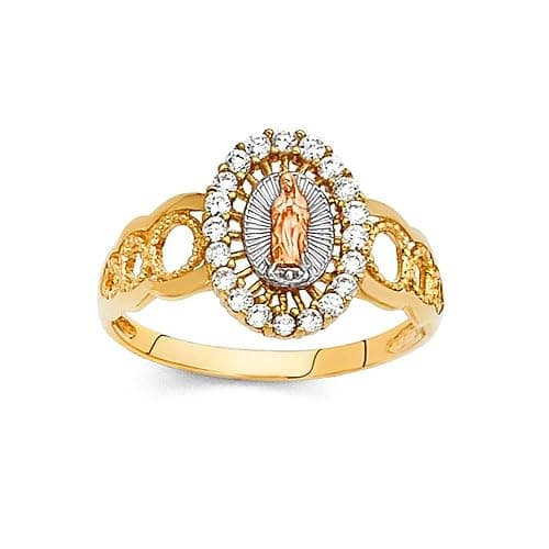 Savlano 18K Gold Plated Yellow White & Rose Tri Color Lady of Guadalupe Virgin Mary with Round Cut Cubic Zirconia Women Religious Ring - Image 1