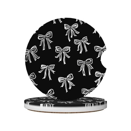 Black White Bows Print 2 Pack Car Cup Holder Coaster Ceramic Cork Base Drink Coasters for Home Kitchen Office Party Table Decor Auto Accessories Gifts - Image 1