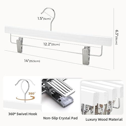 HOUSE DAY Premium Wooden Pants Hangers 25 Pack, Solid Lotus Wood Skirt Hangers with 2-Adjustable Clips, Heavy Duty & Anti Slip Wood Bottom Hanger for Slacks, Jeans, Trousers, Shorts (White) - Pack of 25 - White thumbnail 2