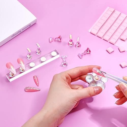 Makartt Press on Nails Stand: Clear and Pink Nail Holder for Painting Nails, Stands for Art Display Practice, Magnetic Clear Glitter Flower Fake Holders with Reusable Adhesive Putty for Home Salon DIY thumbnail 2