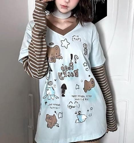 Y2k Fake 2 Piece Cute Shirts Women Kawaii Cutecore Graphic Long Sleeve Top Teen Girls 2000s Preppy Aesthetic Clothing thumbnail 2