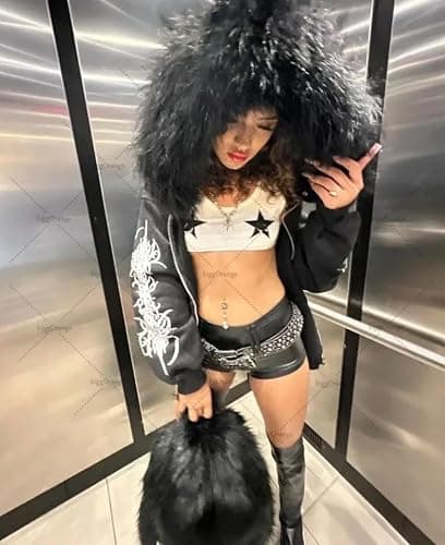 GESALOP Oversized Y2k Zip Up Hoodie Fur Jackets Winter Teen Emo Grunge 2000s Clothes Vintage Streetwear Women Men thumbnail 2