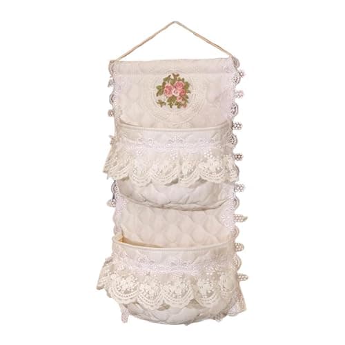 FewNvWa Wall Hanging Storage Bag Organizer Basket Pouch Holder with Quilted Cotton and Milk Lace Easy to Install and Space Saving Suitable for Bedroom Bathroo, 2 Pocket - Image 1