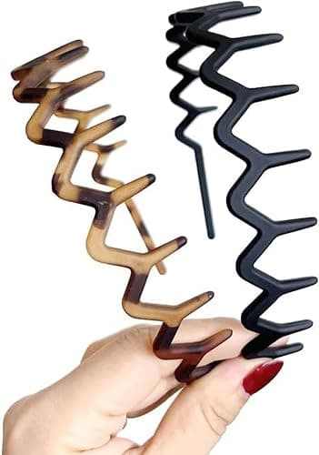 LZEDIRA 2PCS Unisex Adult Men Women Girls Plastic Wavy Tooth Headband, Black, Brown - Image 1