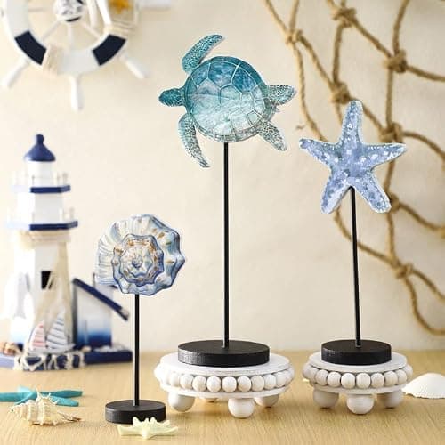 Maitys 3 Pcs Sea Table Decor Coastal Turtle Starfish Decor Ocean Beach Centerpieces Nautical Standing Block Wooden Centerpiece Sign for Summer Holiday Seasonal Home Kitchen thumbnail 2