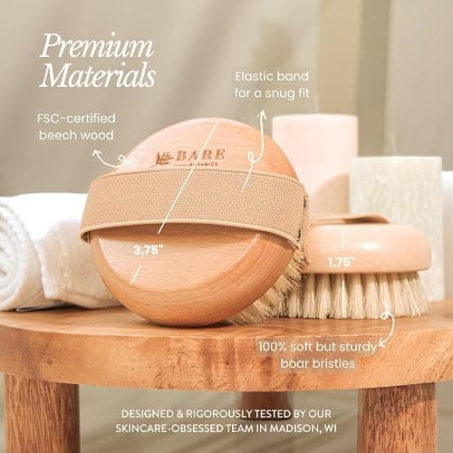 Bare Botanics Dry Body Brush for Lymphatic Drainage - Improve Circulation w/Gentle Exfoliation for Soft Skin - Ergonomically Designed w/Elastic Strap - Soft but Firm Natural Boar Bristles thumbnail 3