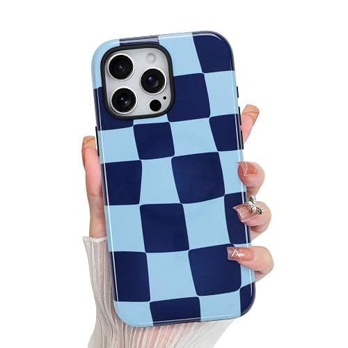 KANGHAR Compatible with iPhone 15 Pro Max Case, Aesthetic Checkered Cute Pattern, Support for MagSafe Shockproof Cover for Girls Women -Blue - Image 1