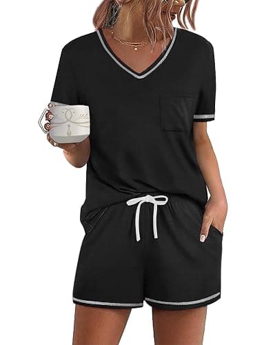 Ekouaer Women's Pajamas Sets Short Sleeve Lounge Sets Sleepwear Casual Two Piece Pjs With Pockets - Image 1