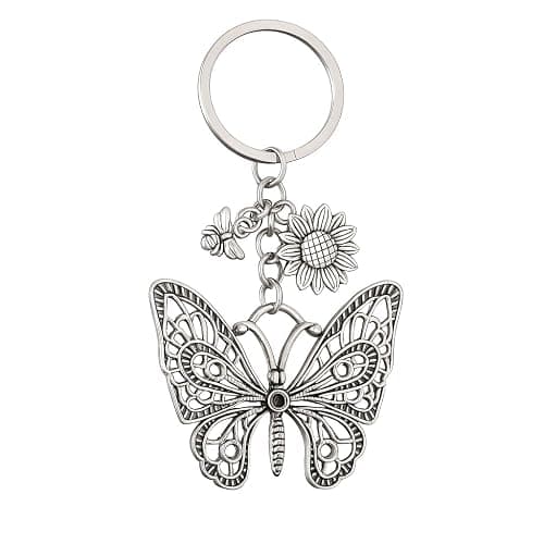 Vintage Butterfly Keychain - Antique Silver Floral Key Chains for Women, Rustic Bee & Flower Bag Charms, Boho Gift - Image 1