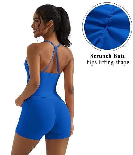 OMKAGI 2 Piece Workout Sets for Women Padded Sports Bra Tank Booty Gym Shorts with Pockets thumbnail 5