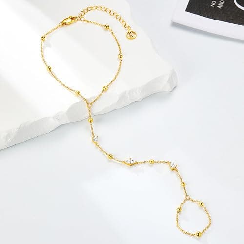 Cicy Bell Hand Chain 18k Gold Plated Bracelet for Women Trendy Teardrop Cubic Zirconia Adjustable Finger Ring Slave Dainty Bracelets Jewelry Gifts thumbnail 3