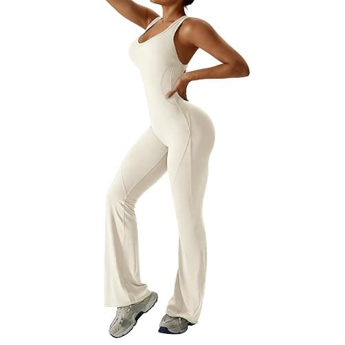 OEAK Womens Flare Jumpsuit with Bra Tummy Control Cutout Romper Workout Outfit Sleeveless Unitard One Piece Backless Bodysuit thumbnail 3