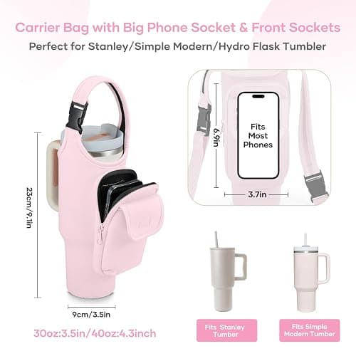 Carrier Bag with Phone&Flap Pockets for Stanley 40/30oz Tumbler with Handle, Insulated Neoprene Cup Holder Carrier Bag w/Shoulder & Handheld Strap Fits Stanley Cup Accessories thumbnail 5