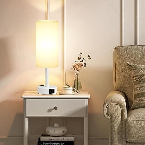 Fenmzee Matte White Bedside Table Lamp for Bedroom - 3 Way Dimmable Touch Lamp USB C Charging Ports and AC Outlet, Small Lamp Round Flaxen Fabric Shade for Living Room, Desk, LED Bulb Included thumbnail 4