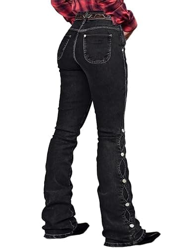 Flamingals Women's Buttoned Hem Bootcut Jeans Without Belt Mid Waist Casual Pants Navy Blue - Image 1