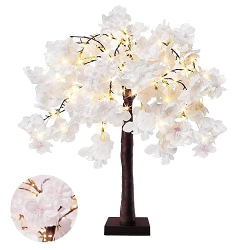 obbsie 24 Inch Lighted Cherry Blossom Tree with 24 Fairy Lights Artificial Bonsai Flower Tree with Timer Battery/USB Operated Pink Light Up Tabletop Tree for Spring Wedding Party Indoor Outdoor Decor - Image 1
