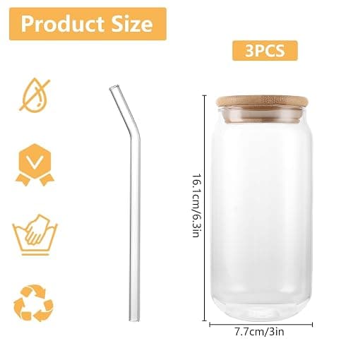 WOPPLXY Lot de 3 verre matcha avec couvercles hermétiques en bambou et pailles en verres, 500ml verre avec couvercle et paille, verres bubble tea Réutilisables pour Soda et Cocktail thumbnail 3