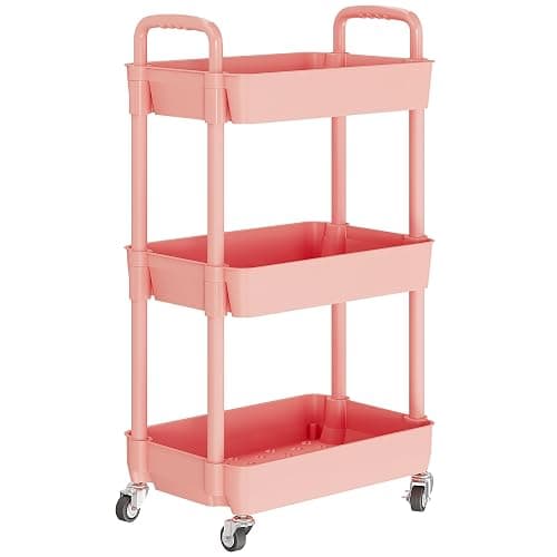 Laiensia 3-Tier Rolling Cart with Wheels,Multifunction Utility Storage Carts, Kitchen Storage Organizer,Mobile Shelving Unit for Bathroom,Laundry,with Classified Stickers,Pink thumbnail 4