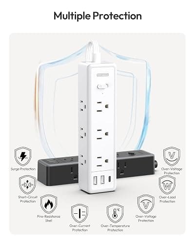 Surge Protector Power Strip 10 FT, Flat Extension Cord with 9 Widely Outlets 3 USB Ports(1 USB C), 1080J, Flat Plug, 3 Side Extension Cord with Multiple Outlets, Mounted, for Indoor Home Office, White - 10FT - White thumbnail 8