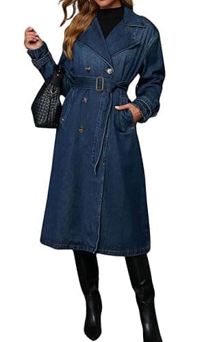 loveimgs Women Vintage Double Breasted Mid Long Denim Jacket Jean Trench Coat Duster Blazer Jacket Windbreaker Belt - Image 1