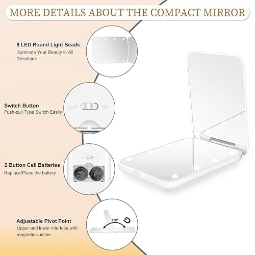 Compact Mirror with Light, 1X/3X Magnification LED Pocket Mirror for Women | Portable, Travel, Purse, Pocket, Gift, white, mini, small, essentials, led, fiberglass, batteries, rectangular thumbnail 4