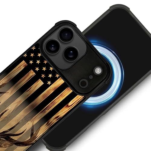 DJSOK Case for iPhone 17 Pro Max,Compatible with MagSafe,Anti-Scratch Shockproof Case,Wood Grain American Flag Buck Hunter Deer thumbnail 2