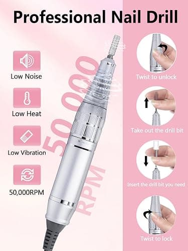 Nail Drill 50000 RPM, Electric Nail File E-File Machine with 12 Drill Bits | Rechargeable Portable Nail Drill for Acrylic Gel Nails, LCD Display, Low Noise, Home Salon Manicure Polishing Kit, Pink thumbnail 2