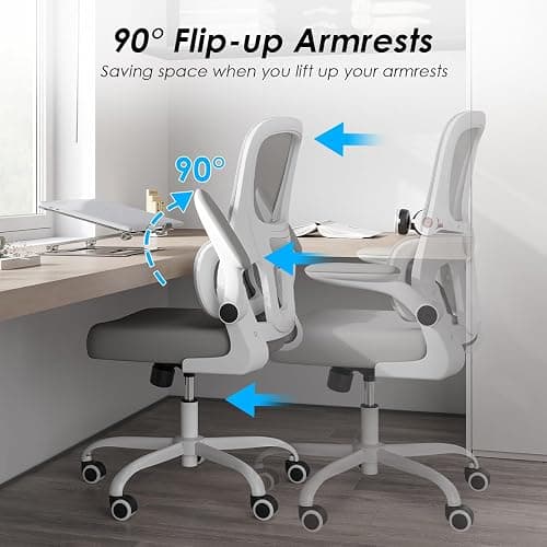 Soohow Office Chair, Mesh Ergonomic Office Chair with Lumbar Support, Comfy Computer Desk Chair with Flip Armrest Rolling Wheels for Home Study Room Office, White & Gray - Grey - Normal thumbnail 5