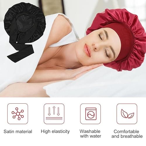 vaolmlop 2 pezzi Cuffia Seta Capelli Notte,Silk Bonnet,Con Nastri Regolabili,Berretto Da Notte Raso Elastico Per Dormire Cappello Da Notte Per Donna Berretto Da Notte Raso thumbnail 3