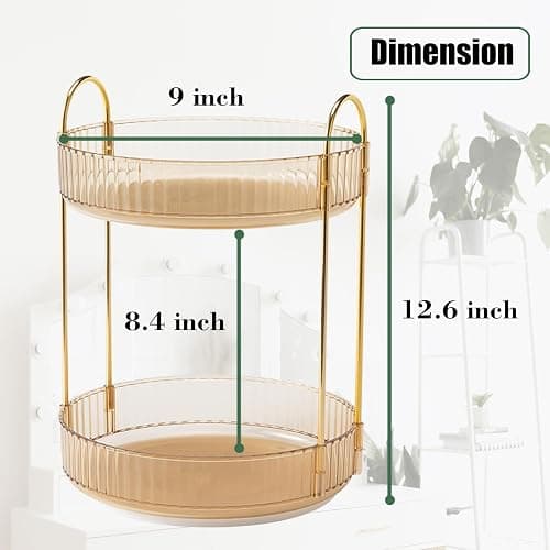 Zufudo Rotating Makeup Organizer Countertop 2 Tier Lazy Susan Trays Clear Skincare Perfume Storage for Bathroom Counter Vanity, Amber Gold thumbnail 2