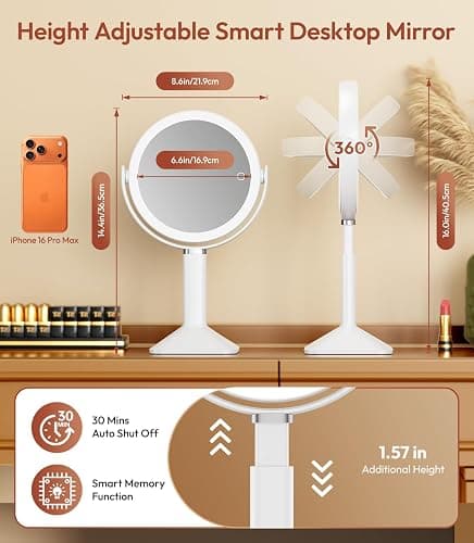 Glowtop Lighted Makeup Mirror with Lights and Magnification 30X/1X, Height Adjustable 30X Magnifying Vanity Mirror with 4000mAh Battery & 3 Colors Dimming Light for Desktop Bathroom Bedroom (White) thumbnail 3