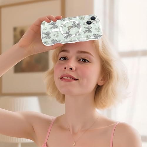 Urarssa Magnetic Case for iPhone 15, Glitter Cute Curly Wavy Frame Aesthetic Ribbon Bow Pattern Clear Case for Women Girls, Transparent Slim TPU Bumper Shockproof Protective Cover, Blue Bows thumbnail 8