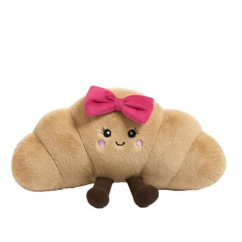 OHS Bow Croissant Plush Decorative Pillows, Throw Pillow Stuffed Toy Novelty Cushions for Sofa Bed Cuddle Cushion Cute Room Decor Plush Pillow for Kids Adults, Natural/Hot Pink - 35 x 18cm - Image 1