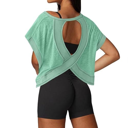 UNIANKIYA Open Back Workout Tops for Women Loose Fit Athletic Crop Tee Short Sleeve Gym Running Yoga Shirt - Image 1