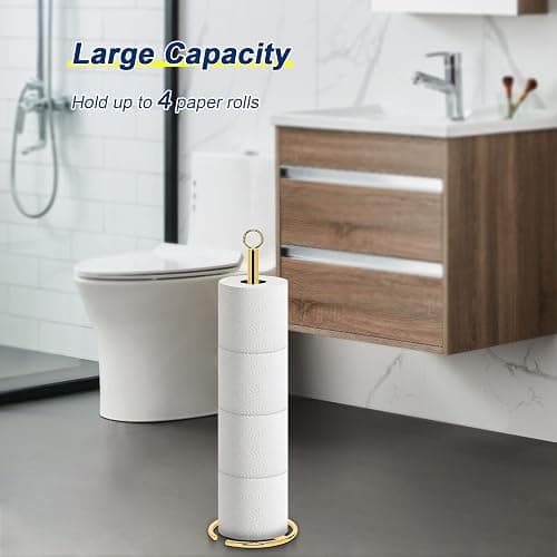NearMoon Bath Toilet Paper Holder Stand, Freestanding Tissue Paper Storage with Reserve, Space Toilet 4 Rolls Holder for Bathroom/Kitchen Countertop-All Metal (1 Pack, Chrome Gold) thumbnail 6