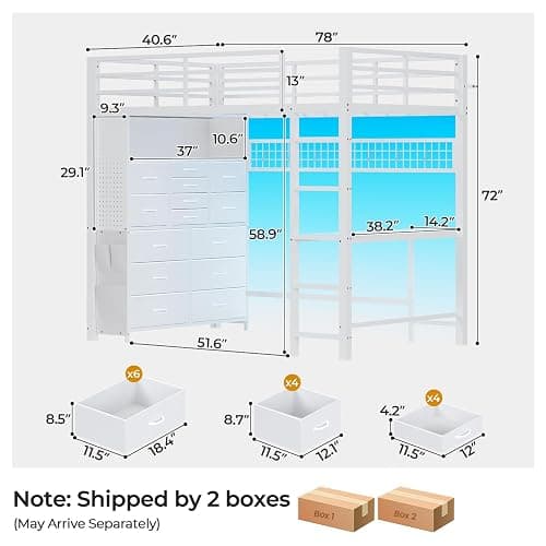 ADORNEVE Twin Loft Bed with Desk,14 Storage Drawers & Power Outlet, Kids Loft Bed Twin Size with LED Lights, Pegboard, Metal Loft Beds with Safety Guardrail & Ladder, Space Saving for Teens, White thumbnail 2