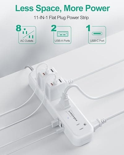 Flat Extension Cord 20 FT Multiple Outlets- Surge Protector Power Strip 8 AC Outlets 3 USB Fast Charge (3.4A 17W) 1080 Joules Long Braided Cord Wall Mountable for Home Office College Dorm 13A 1625W thumbnail 3