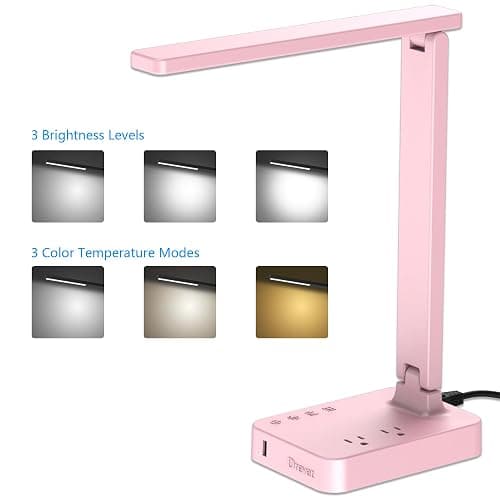 Drevet LED Desk Lamp, Desk Light with 1 USB Charging Port and 2 AC Power Outlet, 3 Lighting Modes, 3 Level Brightness,1H Timer, Touch Control, Eye-Caring Home Office Foldable Table Lamp (Pink) thumbnail 2