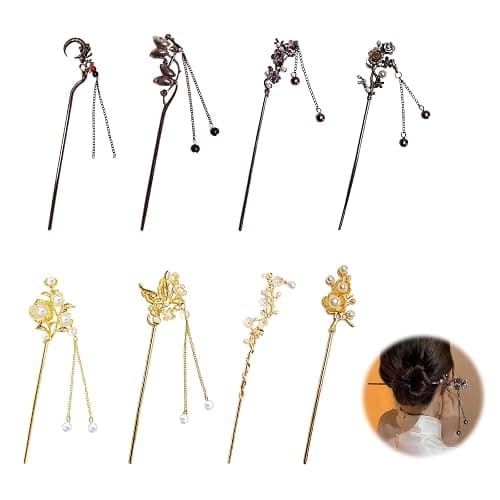8 Pcs Chinese Hair Sticks Set, Gold White Japanese Hair Stick with Pearl Butterfly Flower Design, Metal Hairpins for Women Girls, Traditional Asian Hair Accessories for Bun Updo (Black and Gold) - Image 1