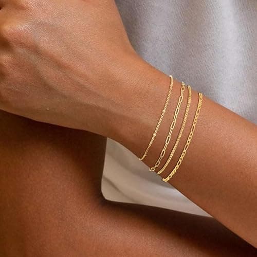 Feskive Gold Bracelets for Women Teen Girls 14k Gold Plated Bracelets for Women Bracelets Sets Dainty Tennis Bracelet Herringbone Figaro Box Chain Thin Bracelet Set Delicate Layered Bracelets Jewelry for Gifts thumbnail 2